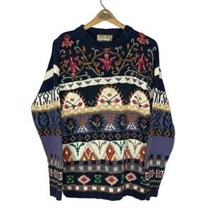 Crystal-Kobe Vintage Sweater Black Ramie Cotton Blend Floral Damask Knit Large